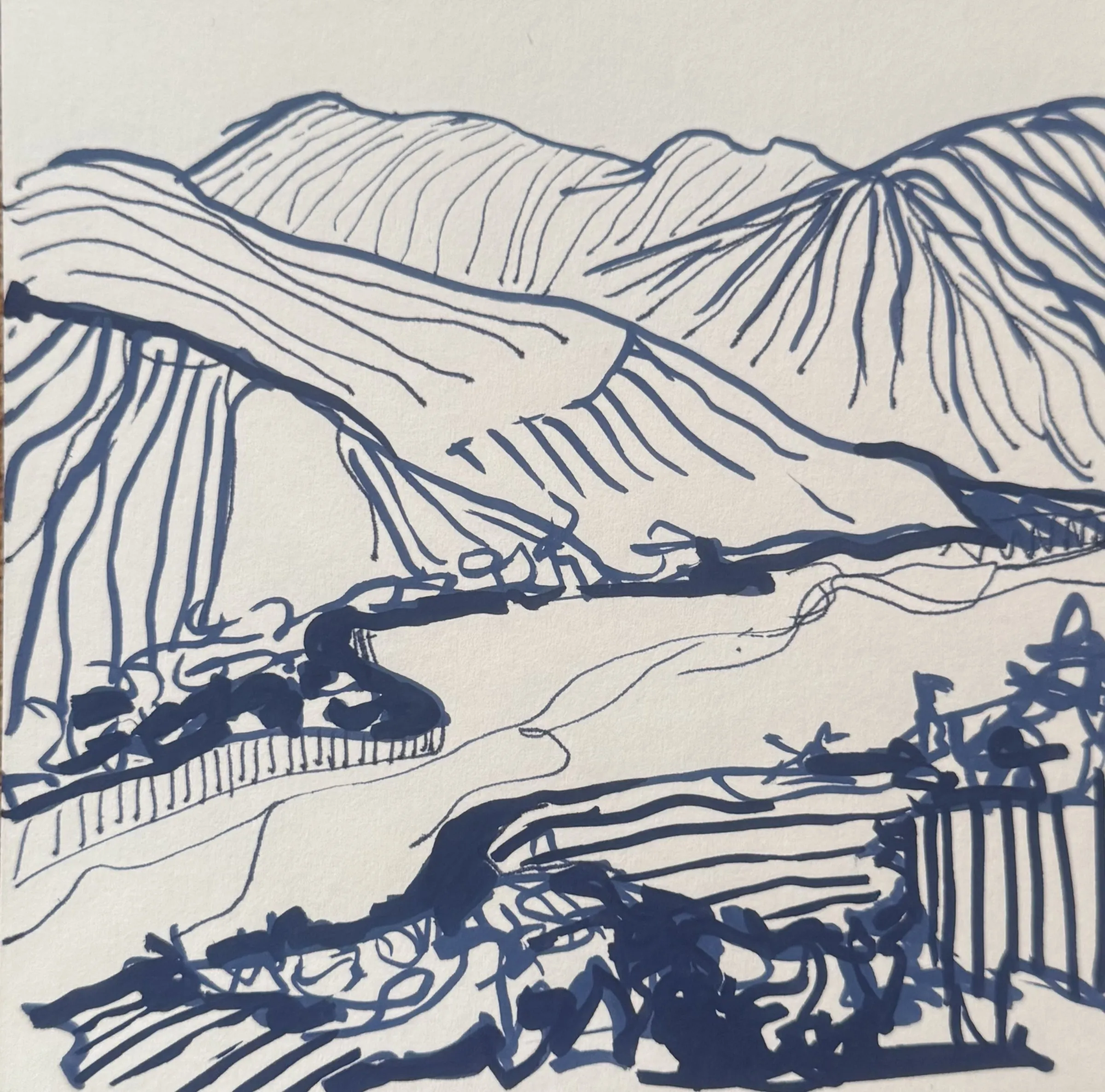 Marker sketch: blue line drawing of mountains and a river valley