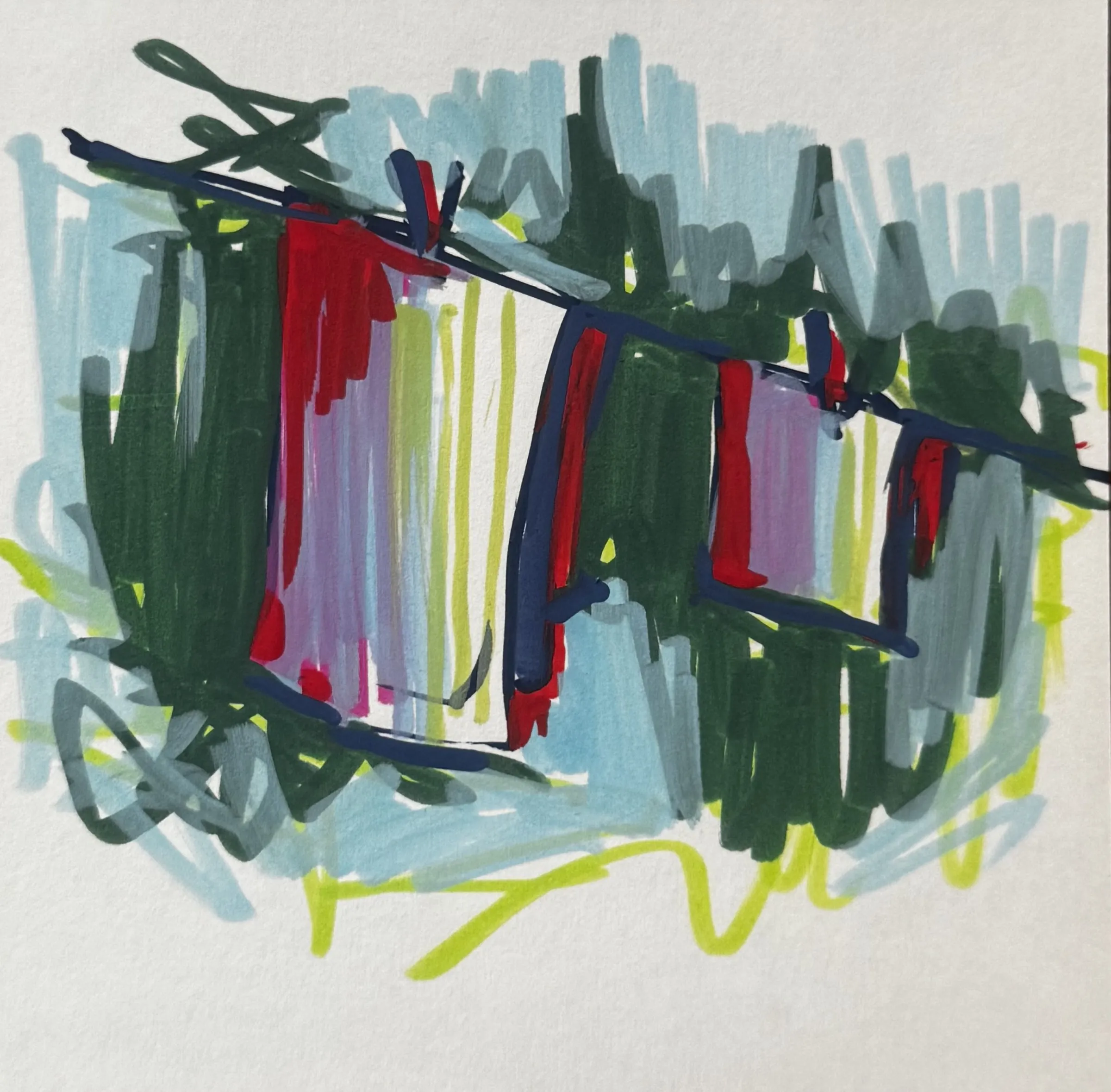 Marker sketch: dark evergreens cut by red and white verticals