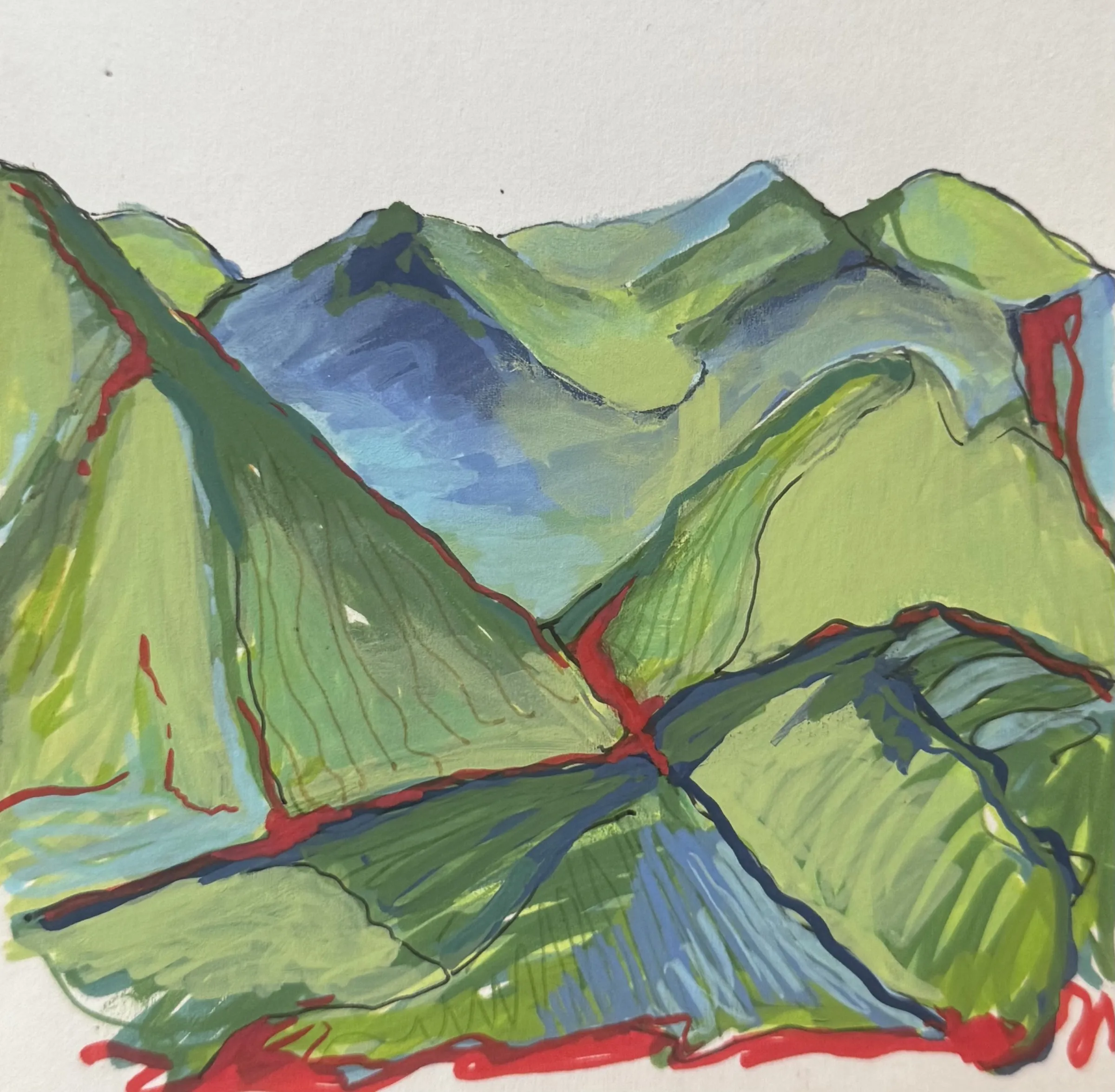 Marker sketch: green mountains with red seams along the ridges
