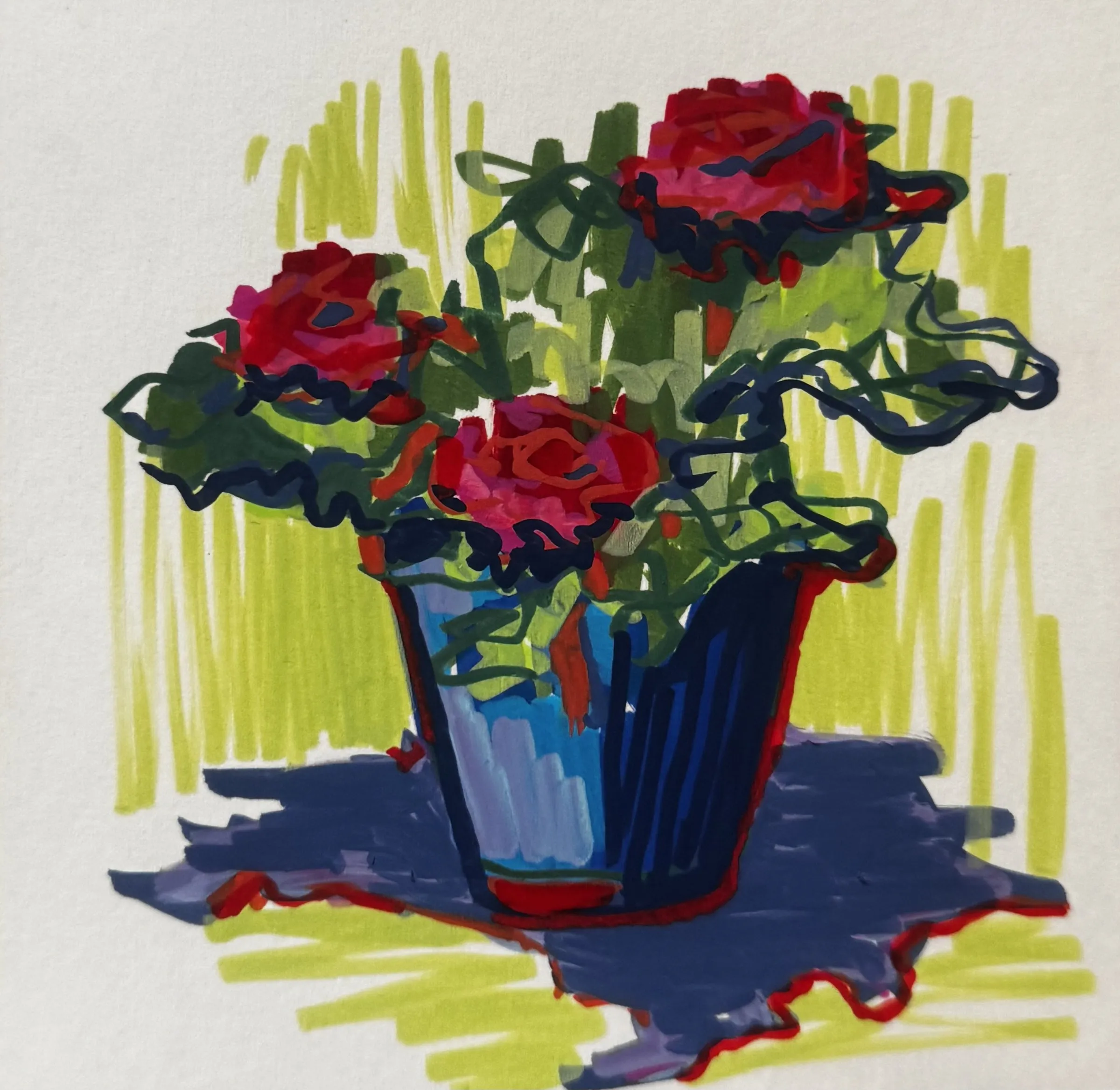 Marker sketch: red roses in a blue pot on a violet ground