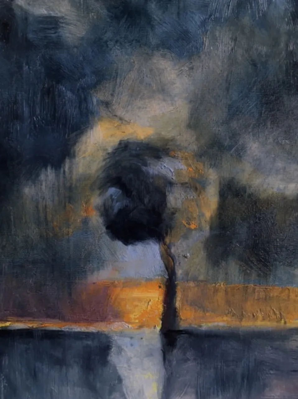 Tree on an ochre bank against a dark storm sky