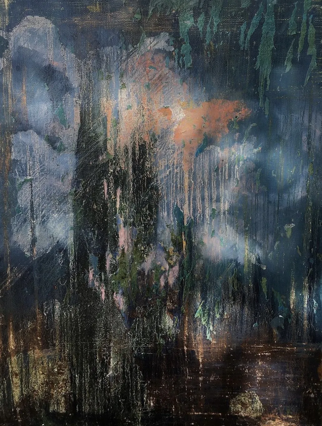 Dark tree dissolving into rain and green shadow